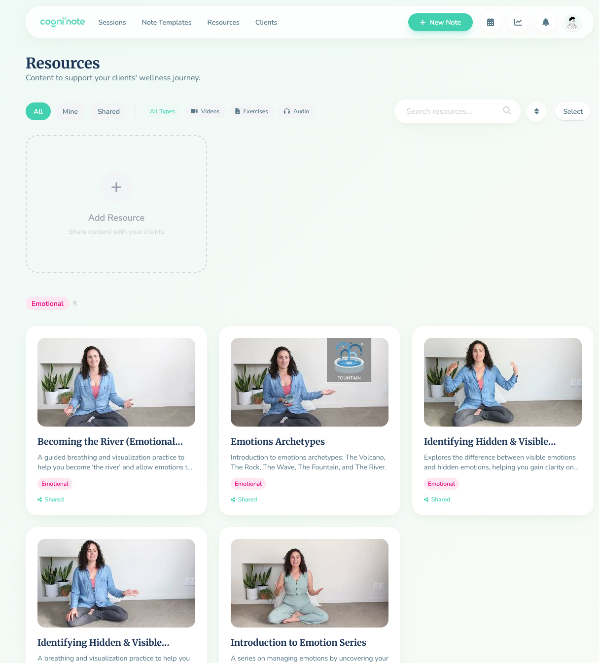Bibliothèque de vidéos thérapeutiques tagguées par dimension de bien-être